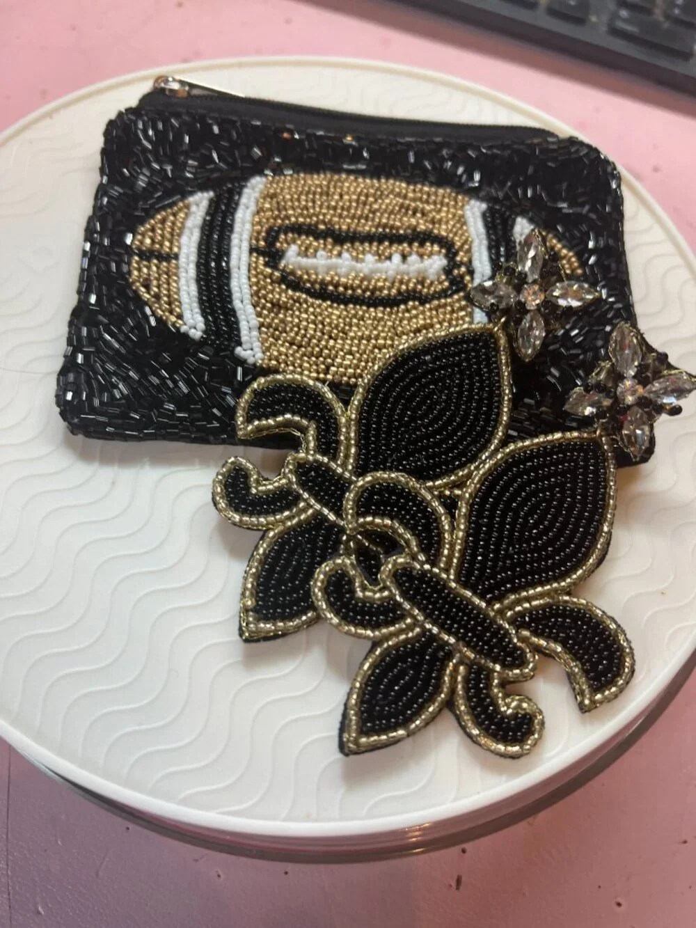 BUNDLE BUDDIES DEAL! Saints Football Beaded Pouch and XL fleur-de-lis Earrings